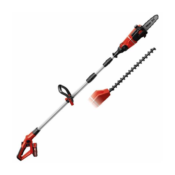 Gardening tool set with hedge trimmer and pole pruner on a white background