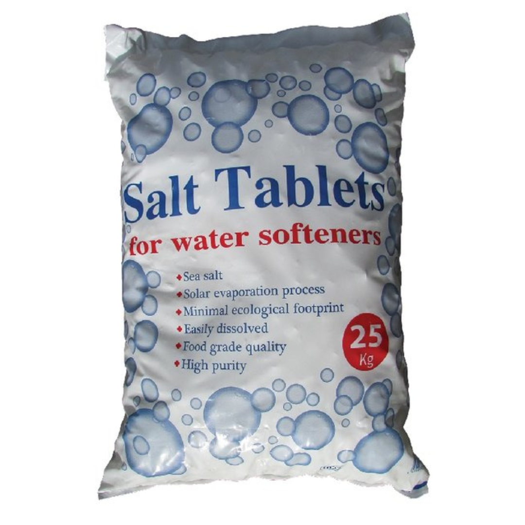 A 25 kg bag of salt tablets for water softeners, featuring a white background with blue bubble graphics and blue and red text.