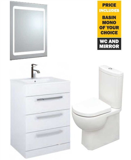 Sonas 60 Turin White 3 Drawers Vanity Pack With Mirror, Tap And Tonique Wc - *Special Offer