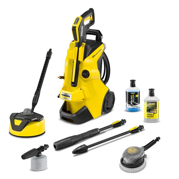 Karcher pressure washer with various nozzles and cleaning products on a white background