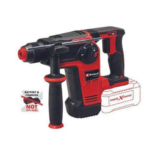 Red and black rotary hammer drill with 'Power X-Range' branding on a white background.