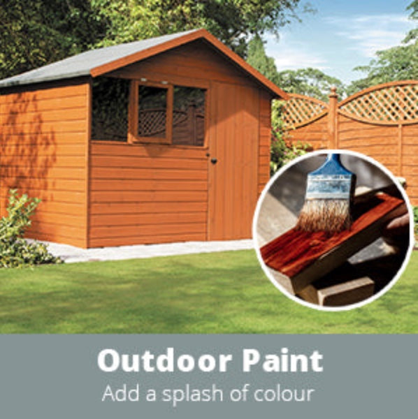 Wooden shed with outdoor paint promotion and close-up of brush on wood.