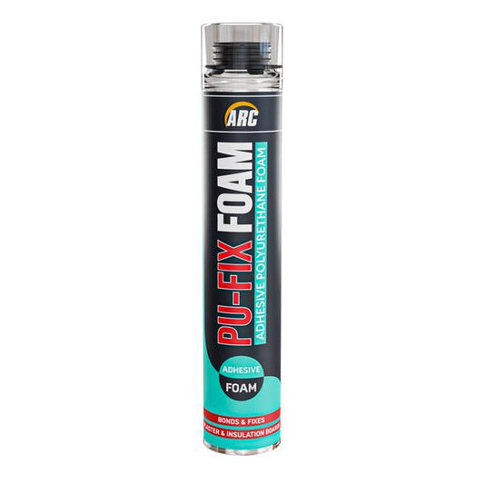 ARC Pufix Foam adhesive foam in a cylindrical spray can with a black, red, and teal label, shown on a plain white background.