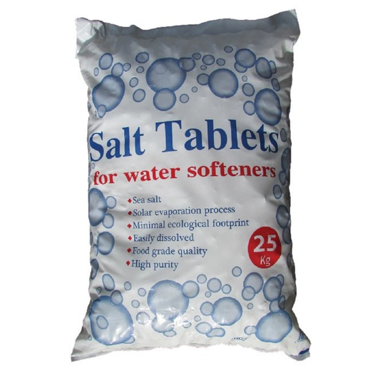 A 25 kg bag of salt tablets for water softeners, featuring a white background with blue bubble graphics and blue and red text.