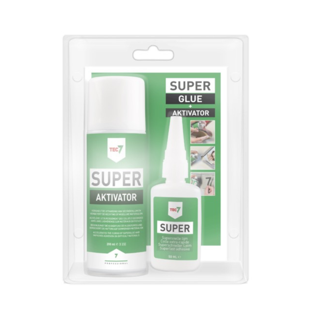 Super glue packaging with green and white design on a white background