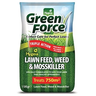 Packaging for Hygeia Greenforce Lawn Feed, Weed & Moss Killer, showing a green and white bag with product information and branding.