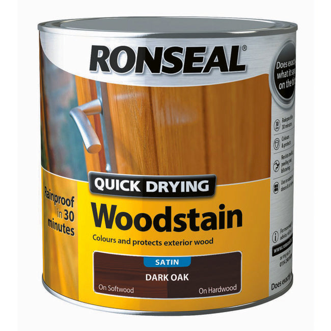 A can of Ronseal Quick Drying Woodstain in Dark Oak color. The product is shown in packaging with a wooden fence in the background.